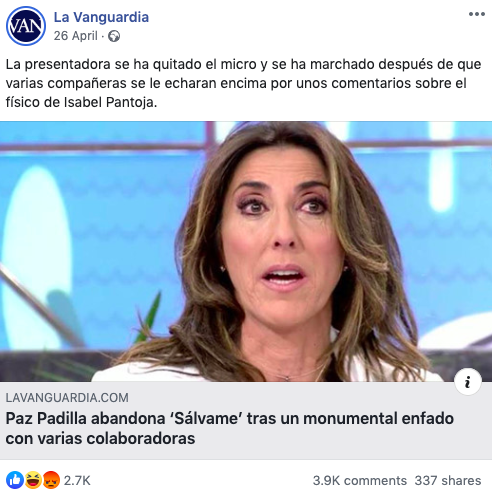 Post de La Vanguardia sobre una incidencia de Paz Padilla en Sálvame